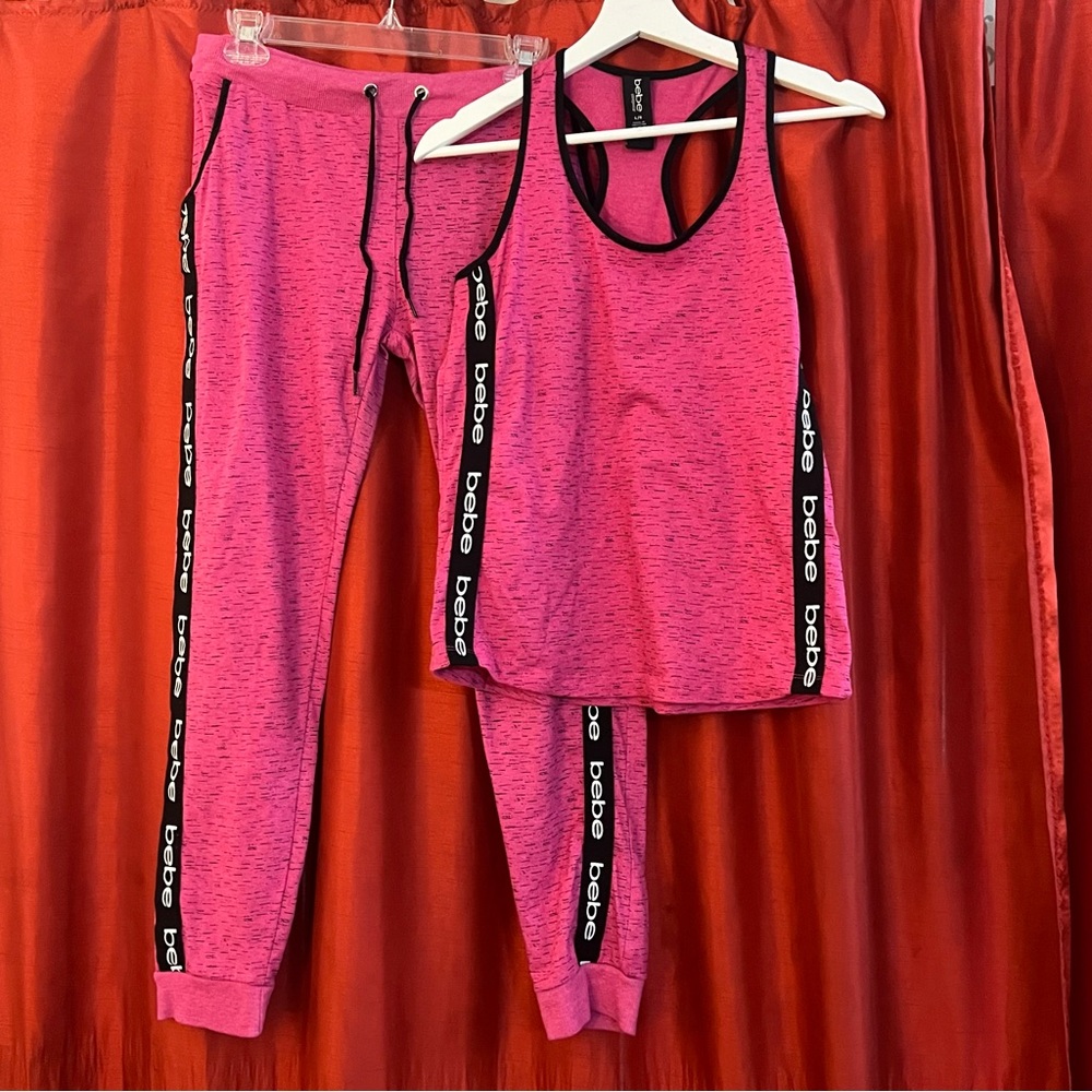PREOWNED | Bebe Lounge Set – Pink Tank & Joggers with Rhinestone Logo – Size L